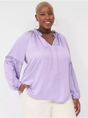 Lane Bryant Lavender Ruffle Tie Neck Blouse 14/16 Plus Size Flowy Boho Top